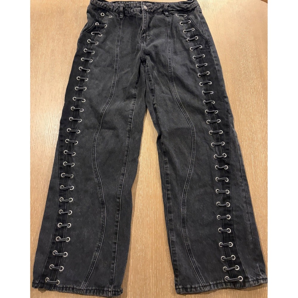 Fashion Nova Women's Plus Size 16 Black Lace-Up Flare Jeans Punk Goth Y2K 34x32